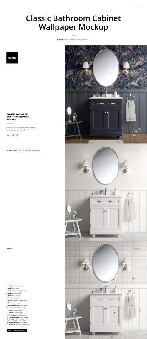 Front view of a classic bathroom cabinet mockup with an oval mirror, dark vanity, and decorative wallpaper.