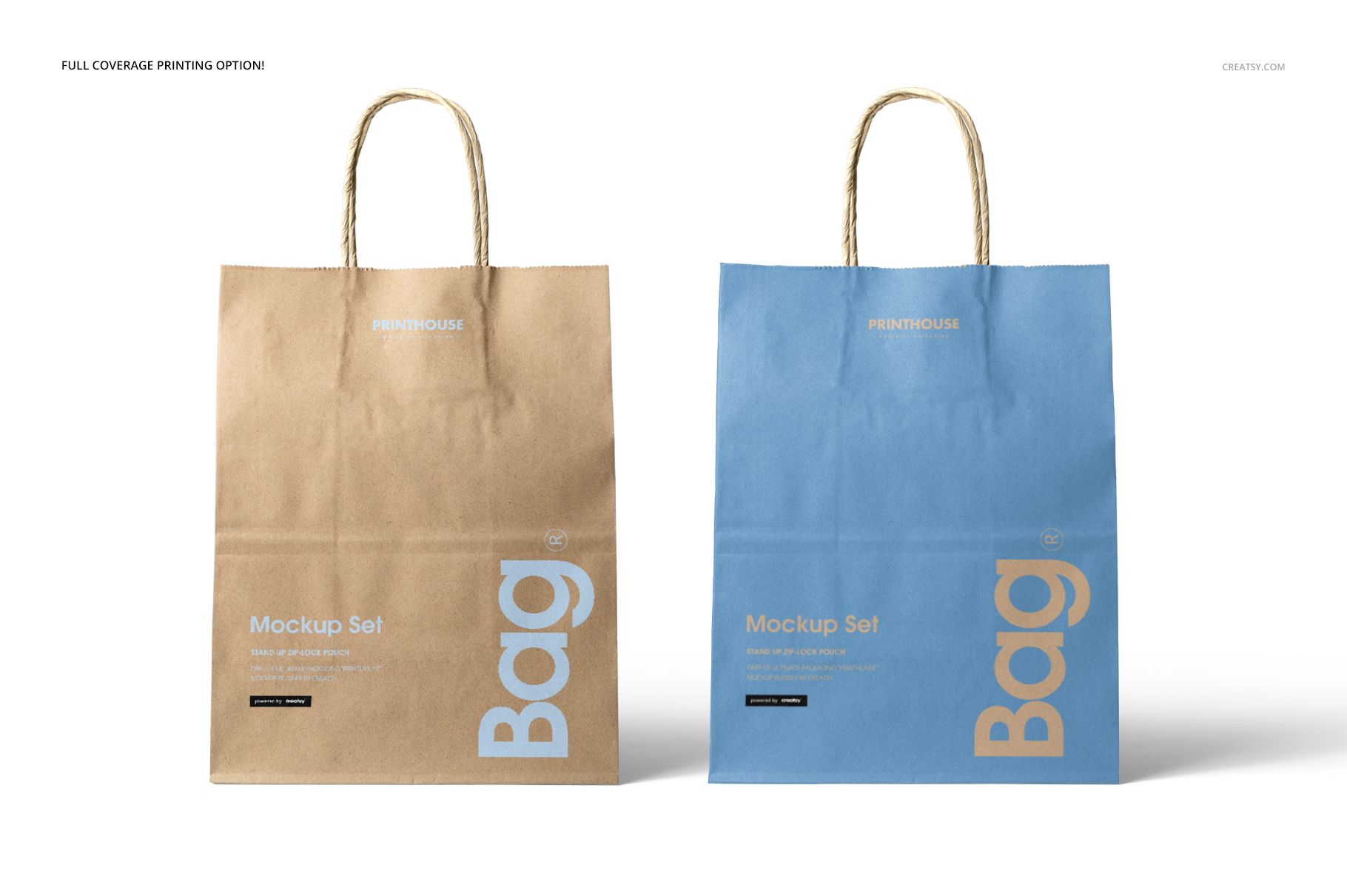 PSD mockup featuring a pair of kraft shopping bags, brown and blue, shown from the front with rope handles.