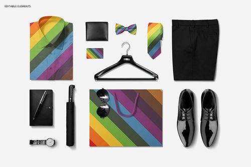 Men’s fashion mockup featuring a dress shirt, tie, bow tie, bag, and loyalty card with rainbow diagonal stripes.