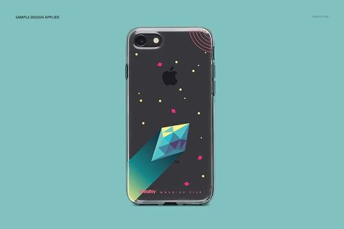 iPhone 8 clear case mockup featuring a vibrant geometric artwork, displayed from the rear on a teal surface.