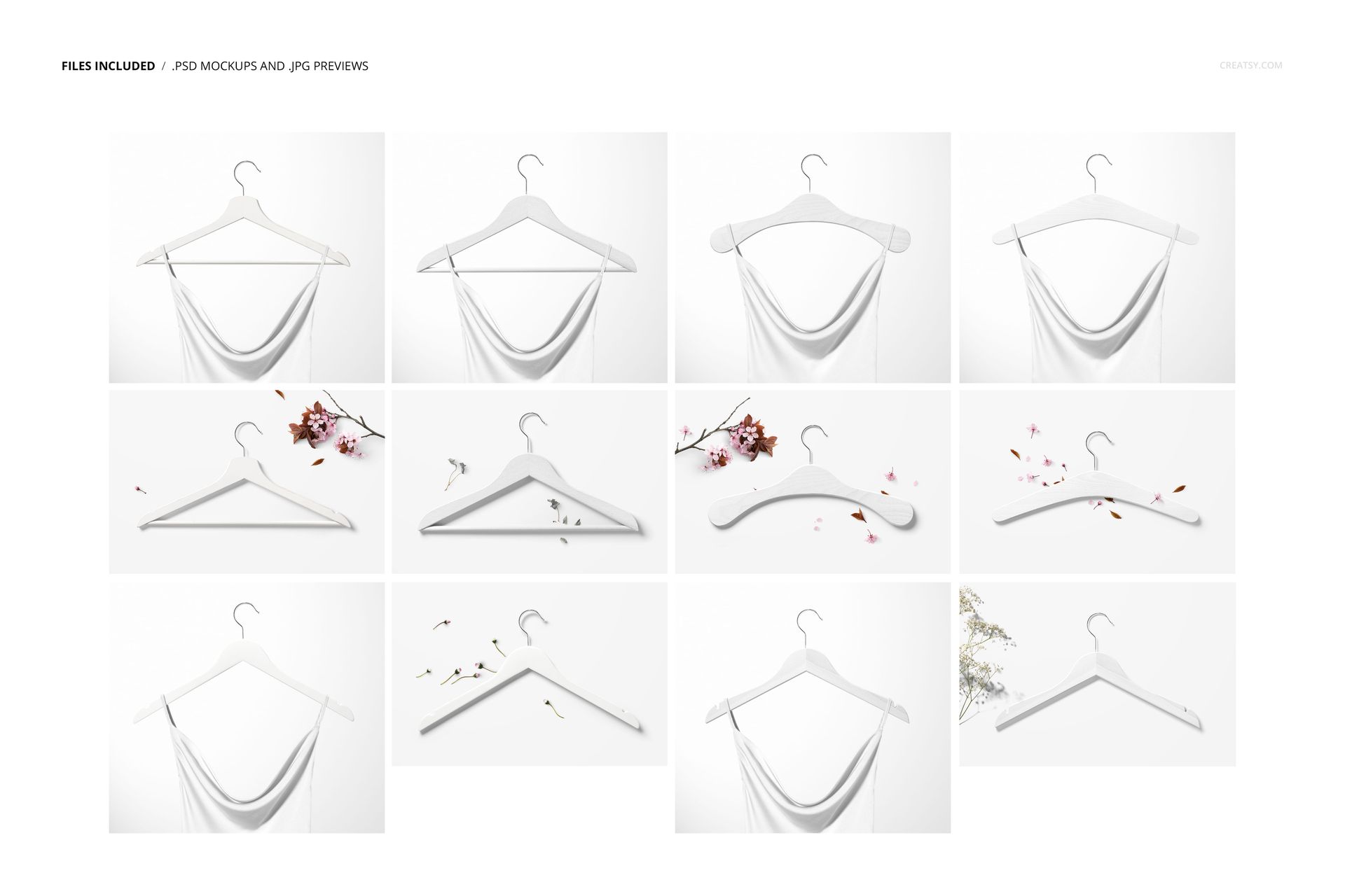 PSD mockup set featuring multiple white hangers, fabric drapes, and floral props, viewed from the front on clean backgrounds.