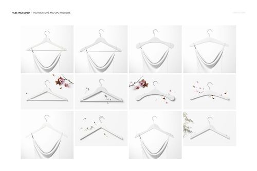 PSD mockup set featuring multiple white hangers, fabric drapes, and floral props, viewed from the front on clean backgrounds.