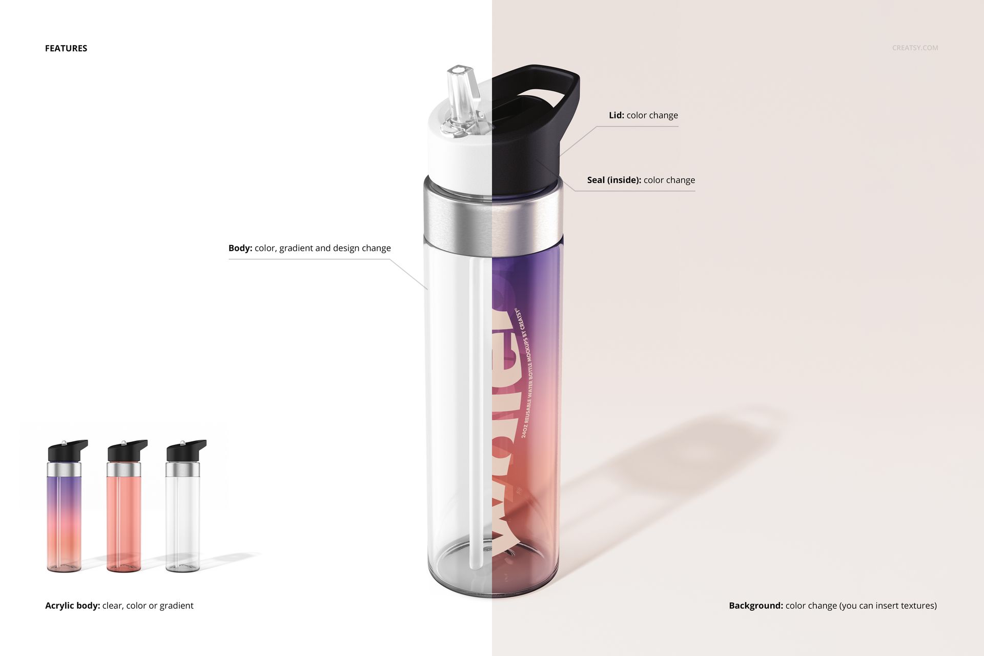 Front view of a 24 oz reusable water bottle mockup with clear acrylic body and customizable gradient colors.