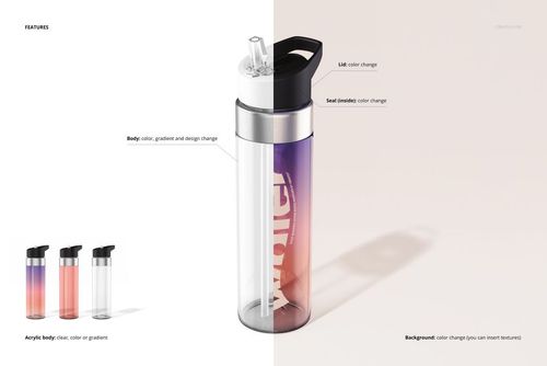 Front view of a 24 oz reusable water bottle mockup with clear acrylic body and customizable gradient colors.