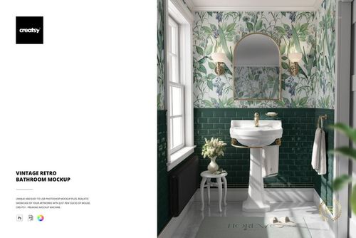 Vintage bathroom mockup showing a white pedestal sink, green tiled walls, and floral wallpaper in a sunlit room.