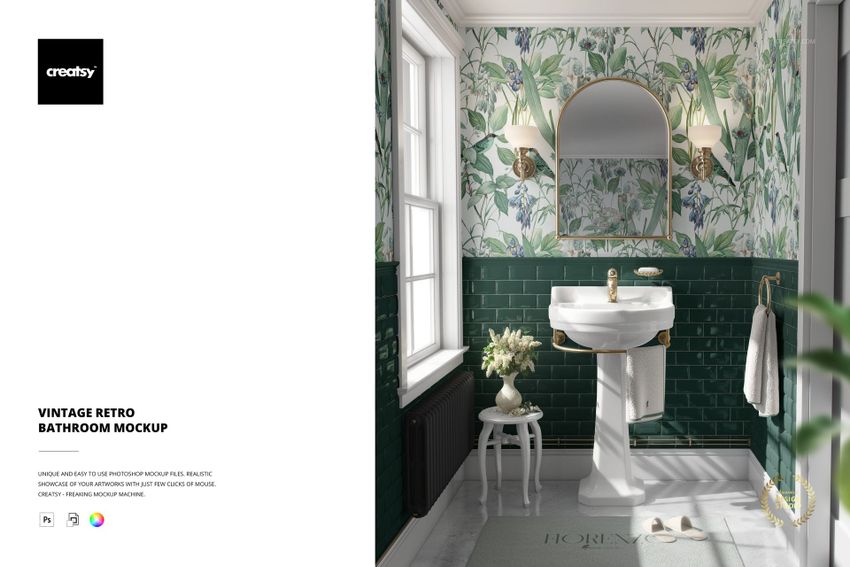 Vintage bathroom mockup showing a white pedestal sink, green tiled walls, and floral wallpaper in a sunlit room.