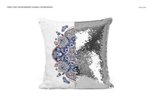 Square pillow mockup featuring reversible sequins, split between silver and a blue ornamental design on white fabric.
