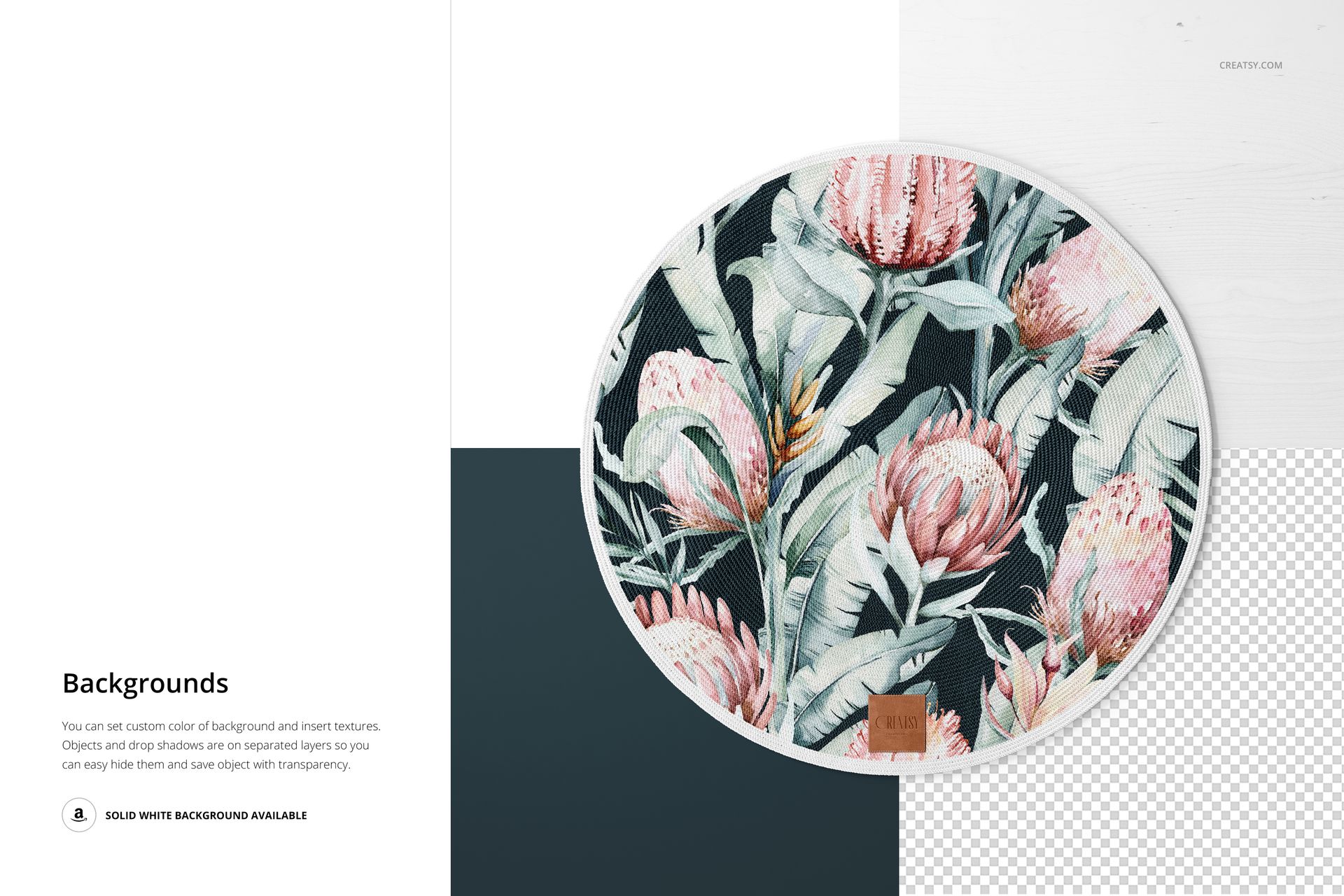 Knitted round rug mockup featuring a botanical design in soft pink and green, displayed from an overhead perspective.