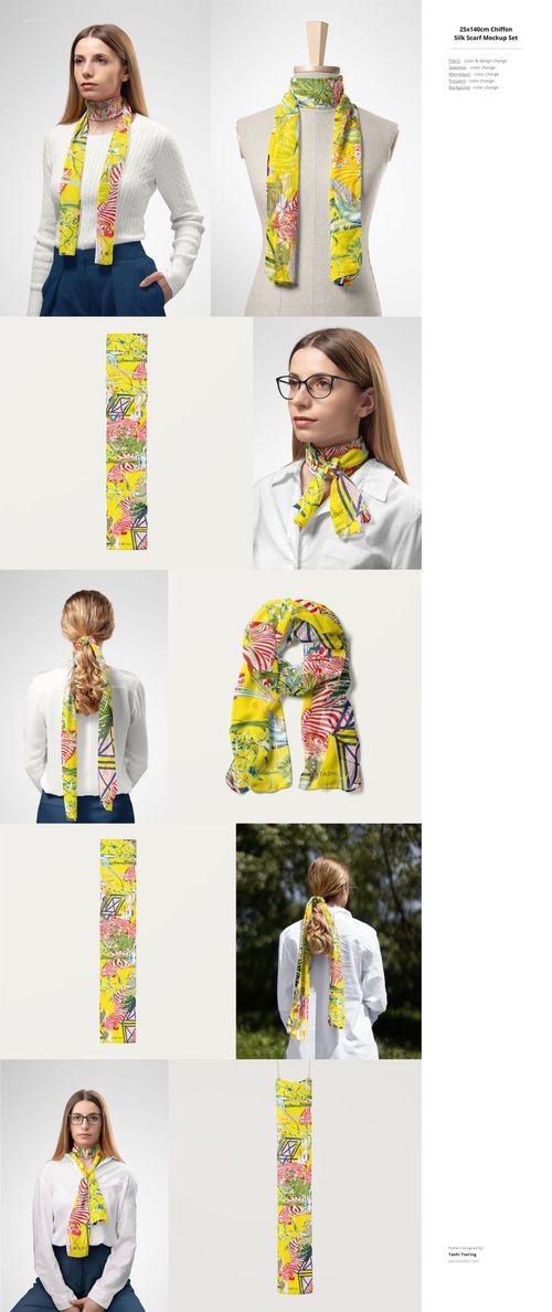 Fabric mockup featuring a bright patterned scarf in yellow, pink, and green, presented in multiple perspectives.