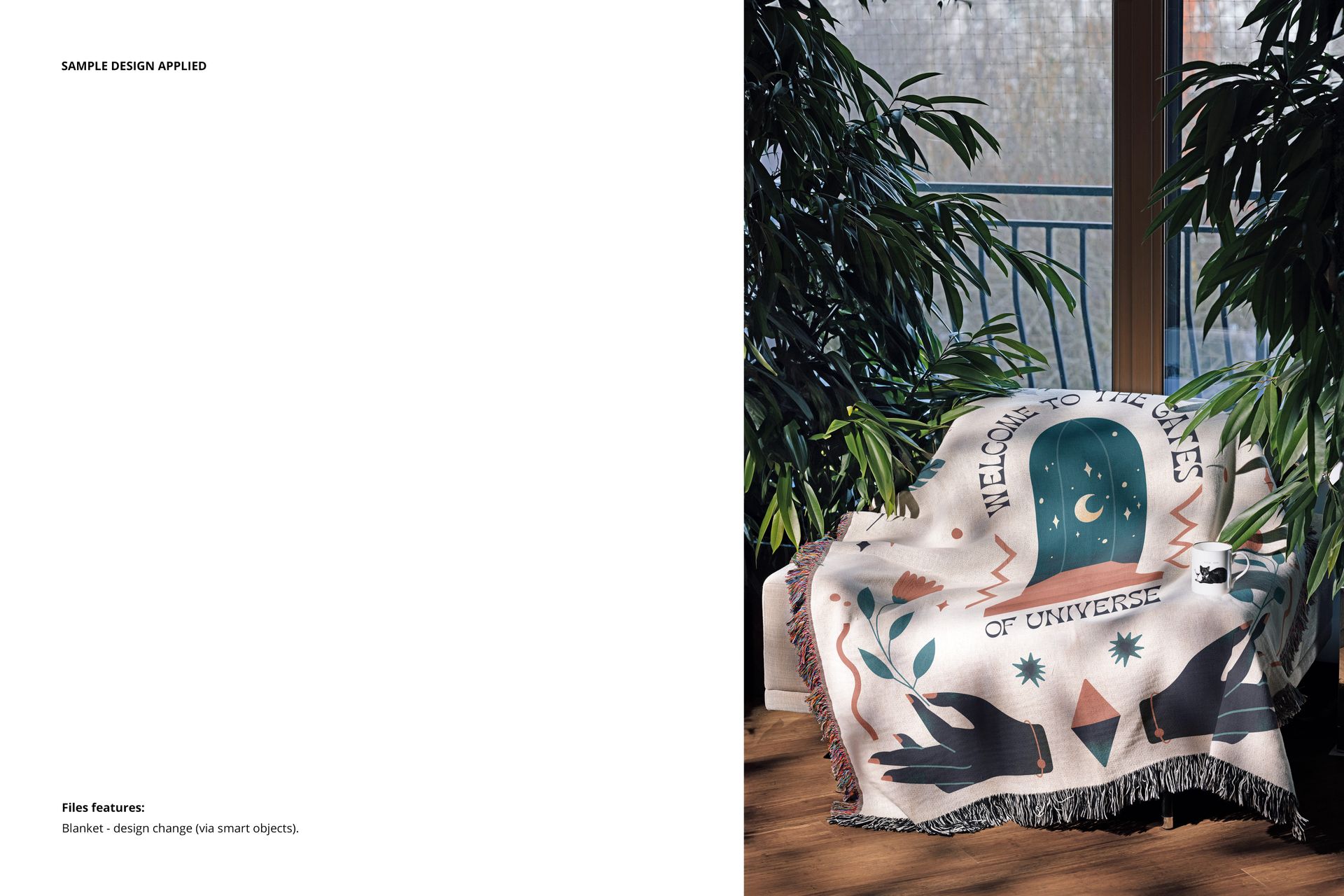 PSD mockup showing a patterned woven blanket on an armchair, with natural light and indoor greenery in the background.