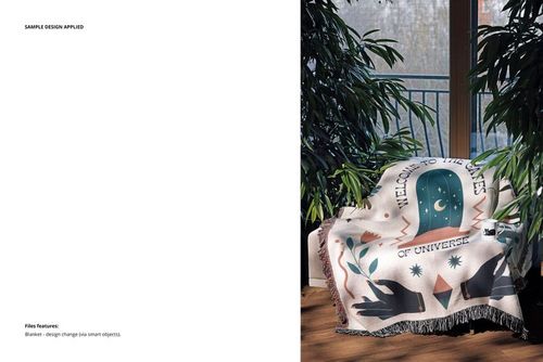 PSD mockup showing a patterned woven blanket on an armchair, with natural light and indoor greenery in the background.