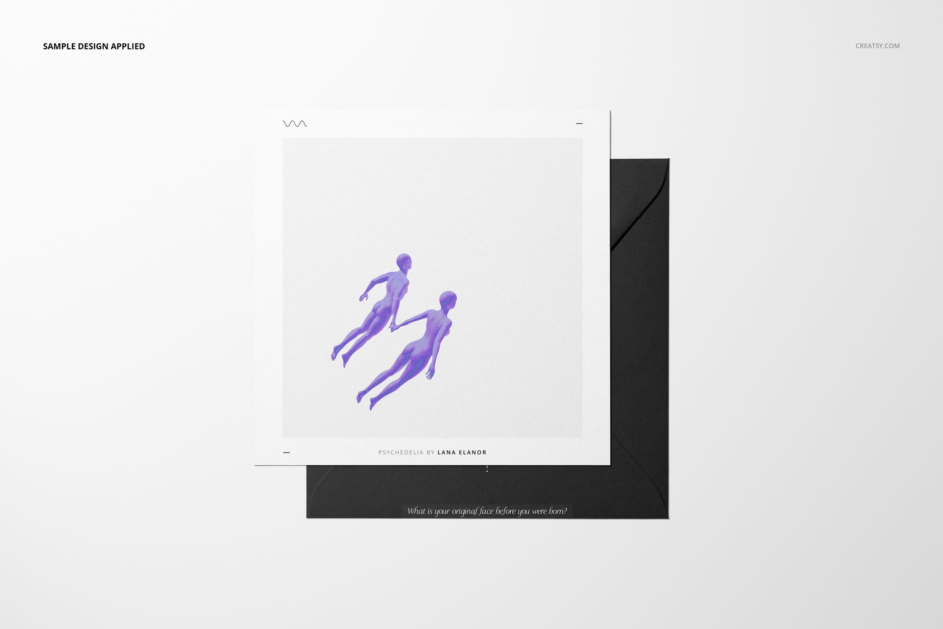 Top view of a square stationery card featuring abstract purple artwork, positioned on a dark envelope mockup.