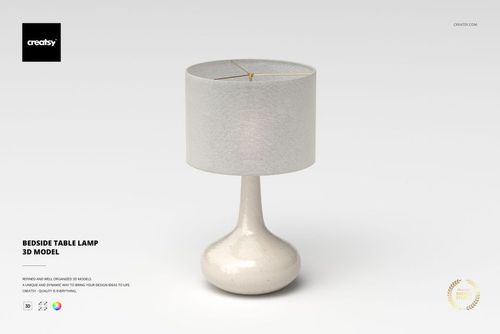 Modern bedside table lamp with a smooth, rounded ceramic base and a light gray fabric lampshade, front view on white background.