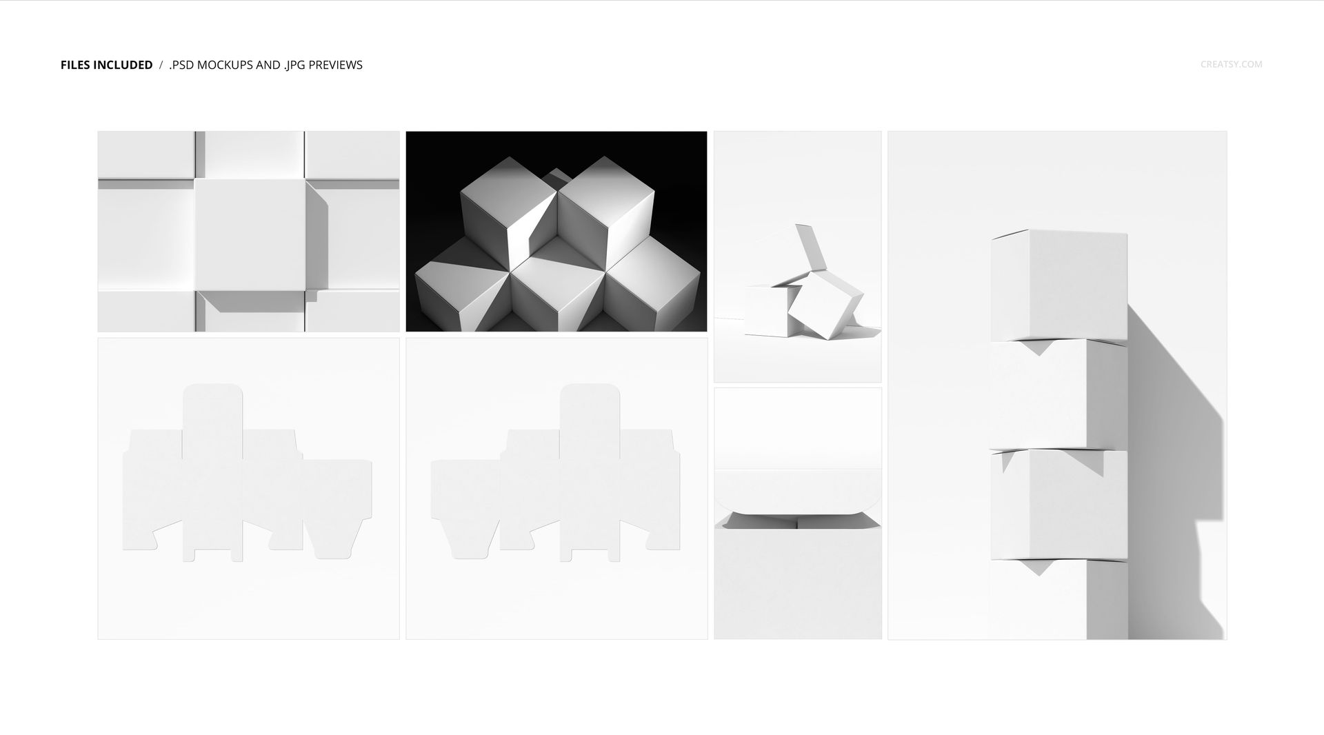 Square packaging box mockup set displayed in various arrangements, showing white boxes from different angles.