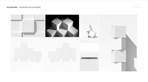 Square packaging box mockup set displayed in various arrangements, showing white boxes from different angles.