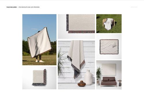 Jacquard fringed woven throw blanket mockup set featuring neutral colors, shown in various indoor and outdoor scenes.