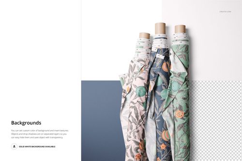 Fabric rolls mockup featuring various botanical designs in muted colors, arranged vertically on a split white and blue surface.