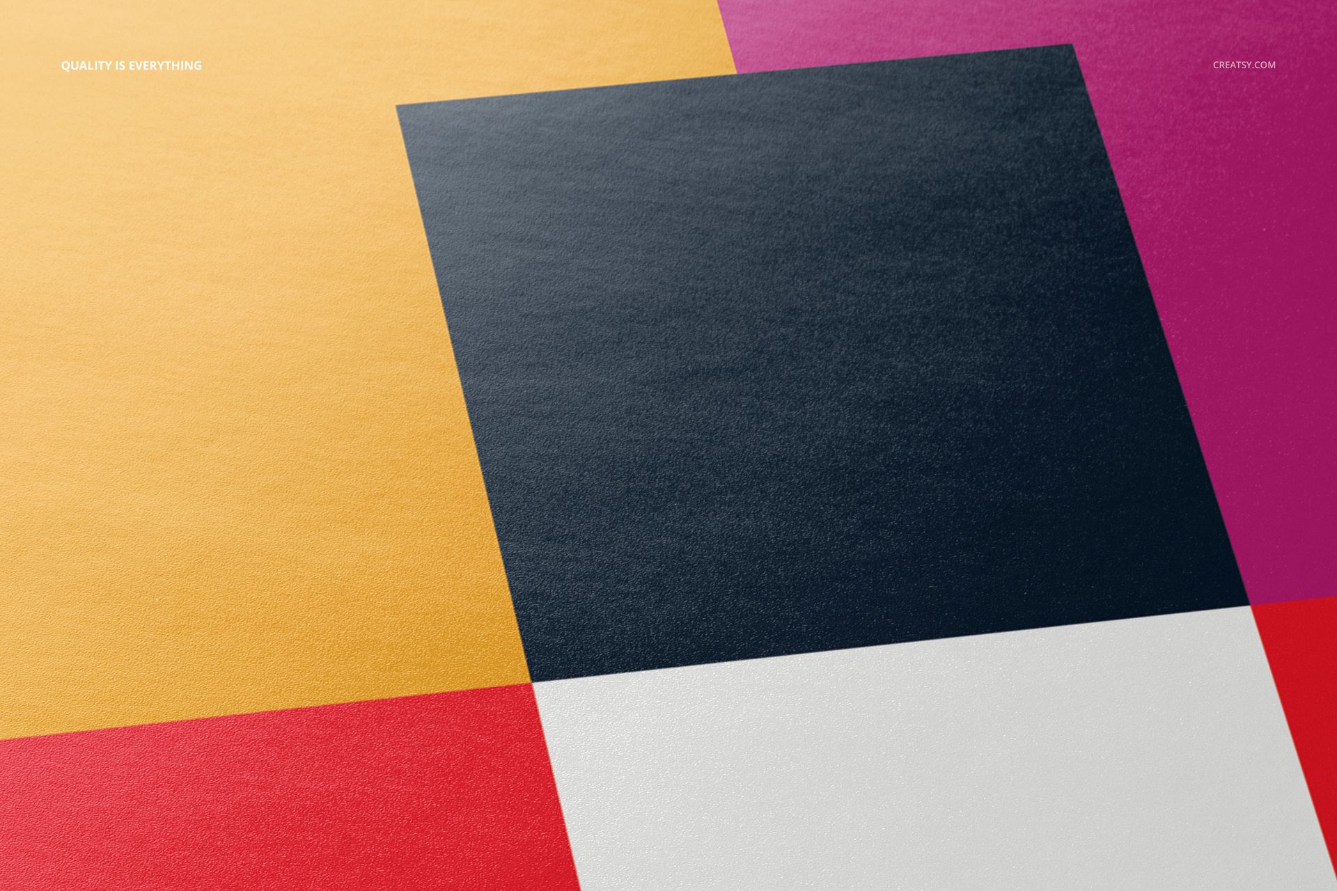A3 fine art print mockup featuring overlapping rectangular sheets in yellow, black, red, and white on a flat surface.
