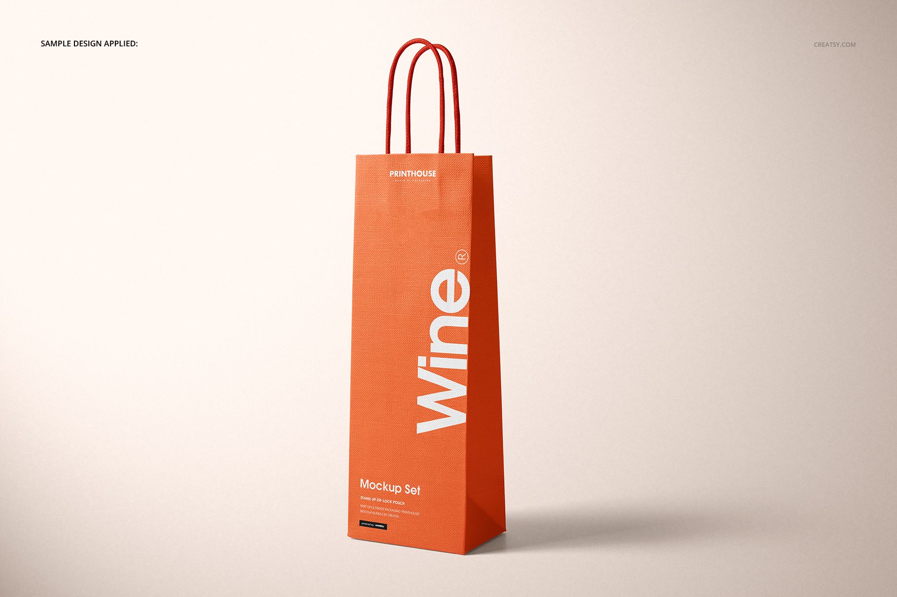 Eurotote wine tote bag mockup in orange, shown upright with handles, featuring bold white lettering on the front.