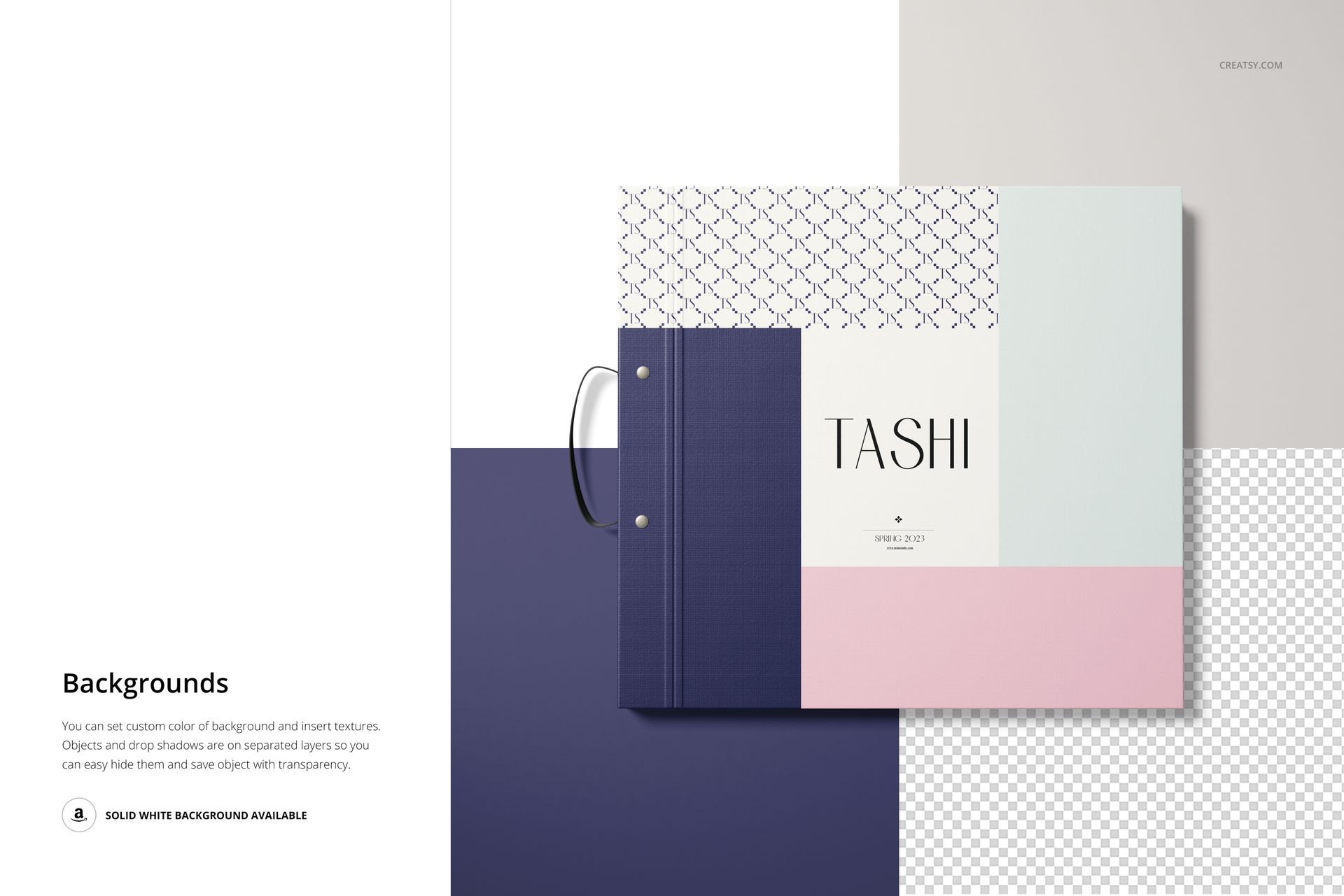 Front view of a wallpaper sample book mockup with geometric pastel color blocks and a dark spine on a segmented background.