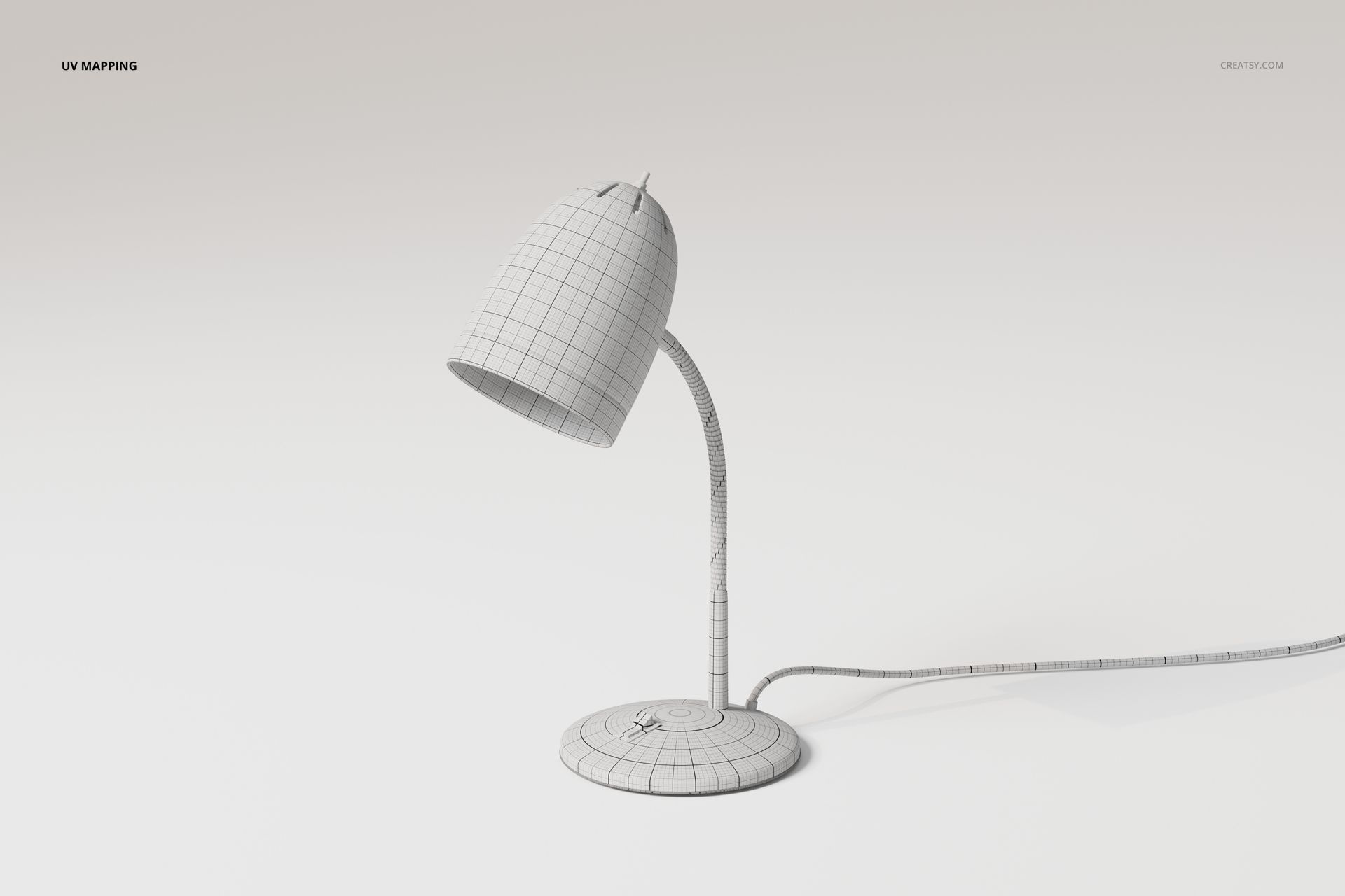 Modern bedside lamp 3D model with a curved stand and dome-shaped shade, shown in wireframe on a plain background.
