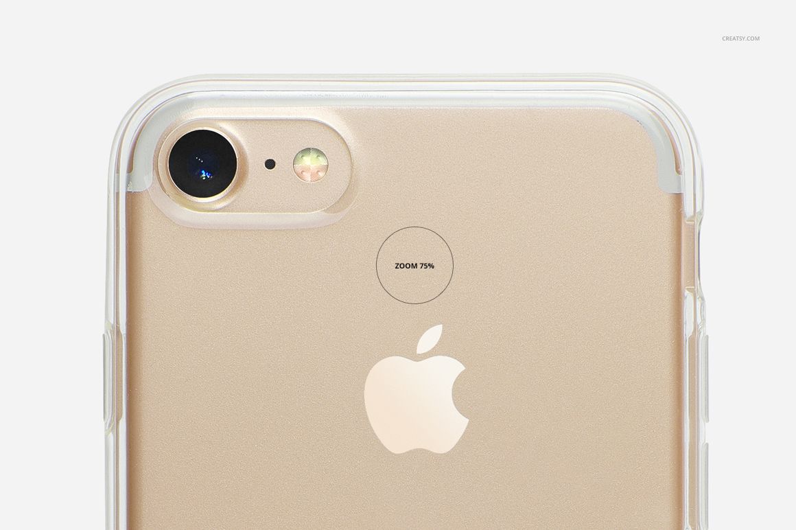 PSD mockup featuring a clear protective case on a gold iPhone 7, close-up view emphasizing camera and logo details.