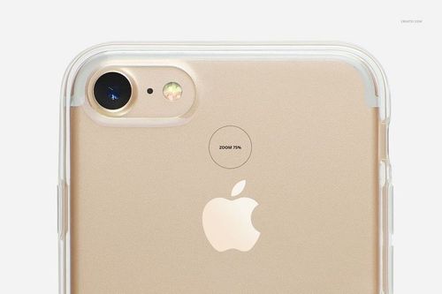 PSD mockup featuring a clear protective case on a gold iPhone 7, close-up view emphasizing camera and logo details.
