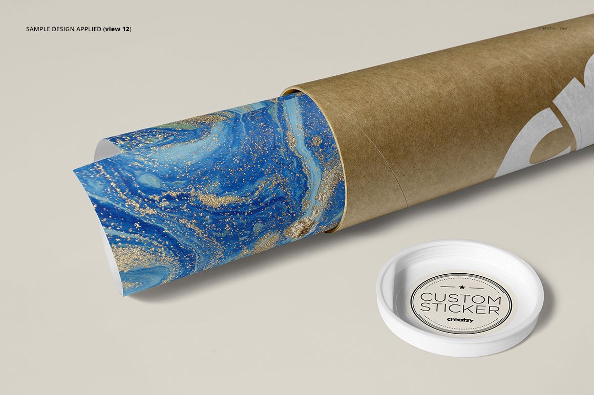 Brown mailing tube mockup with a rolled blue and gold marbled paper partially pulled out, viewed from an angle.