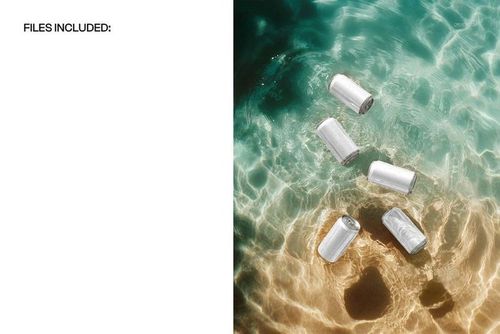 Five silver beverage cans floating in clear water with caustic patterns, viewed from above in a mockup scene.