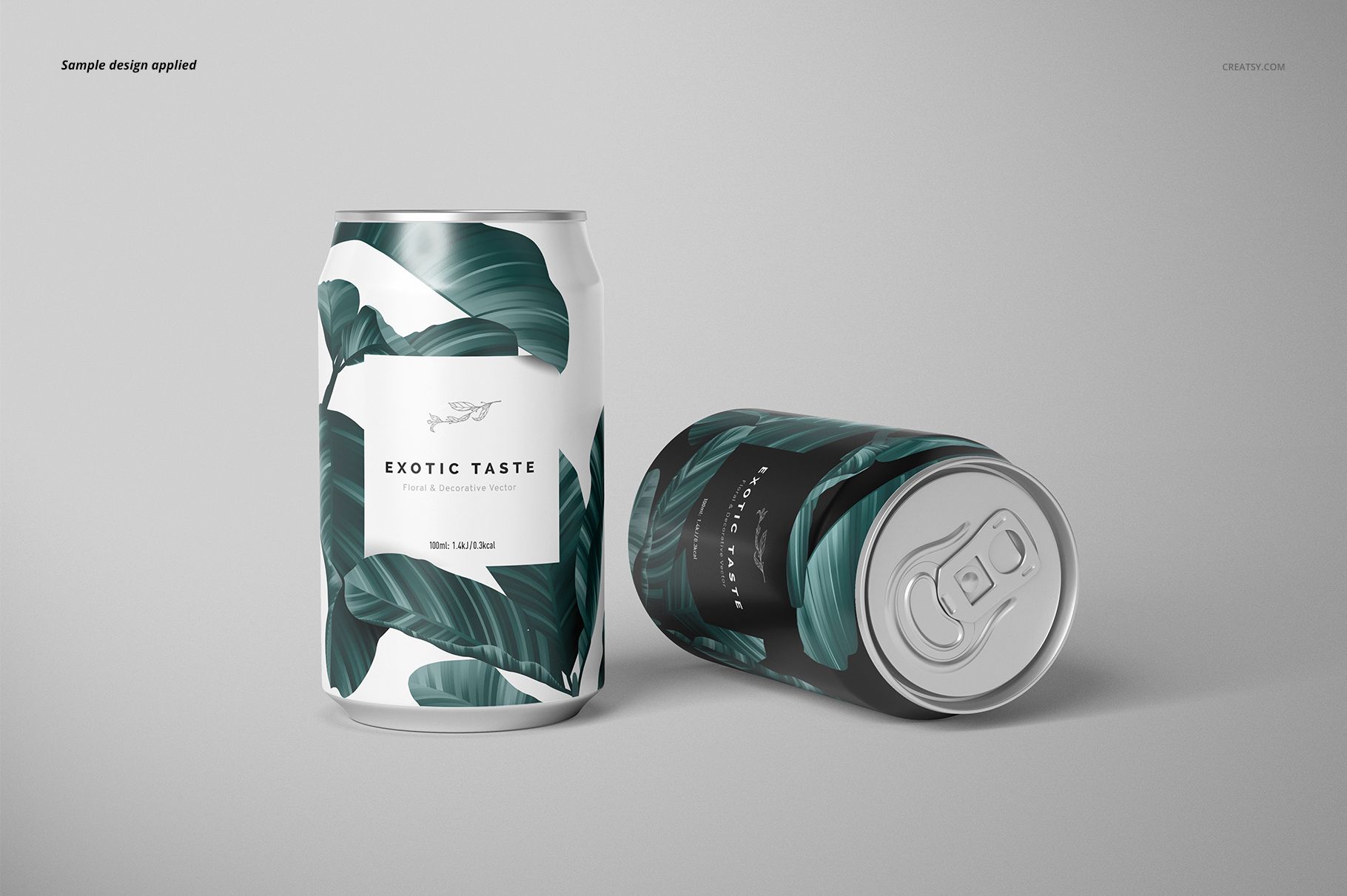 Can mockup featuring a pair of beverage cans with green leaf designs, shown from a front and side perspective.