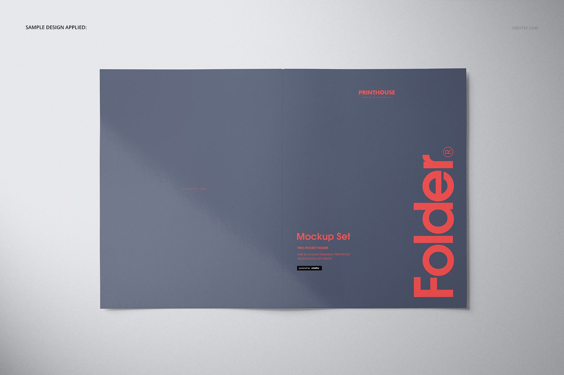 Two-pocket folder mockup shown open on a light background, featuring a dark blue cover with bold red text.