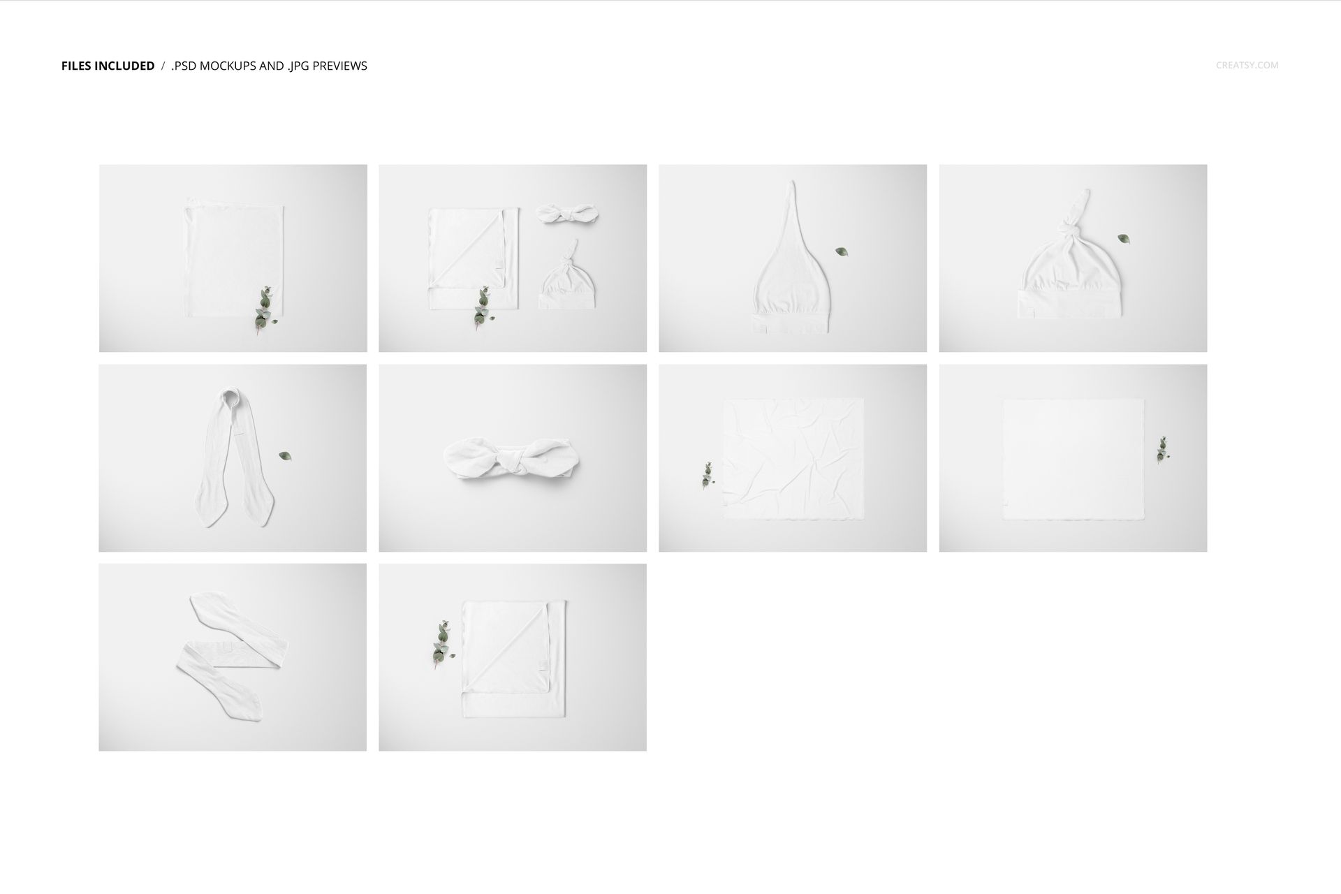 Set of swaddle mockups displayed on a white background, featuring various folded and tied fabric arrangements.