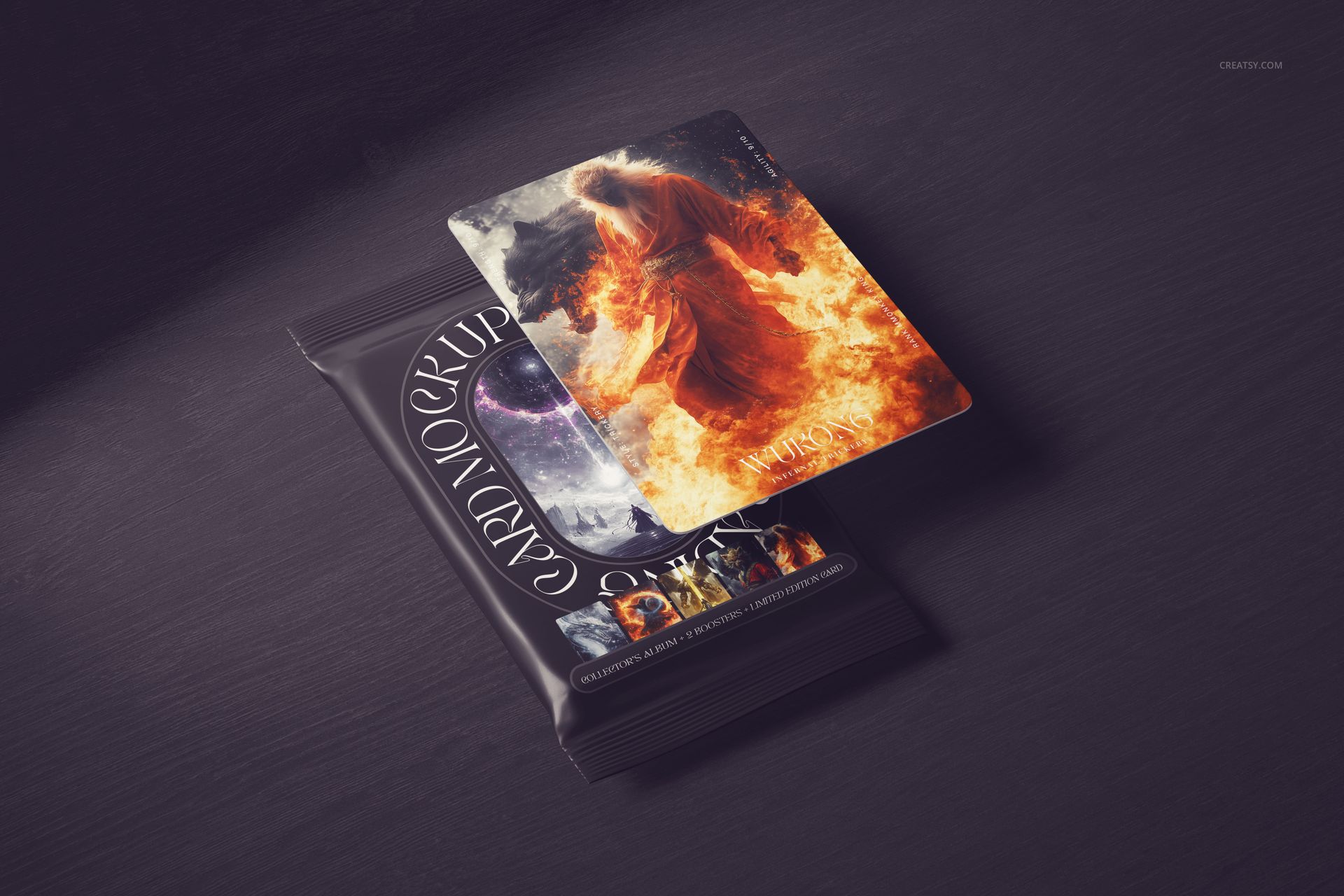 Trading card mockup set featuring a fantasy-themed card with fiery artwork and a matching card pack on a dark surface.