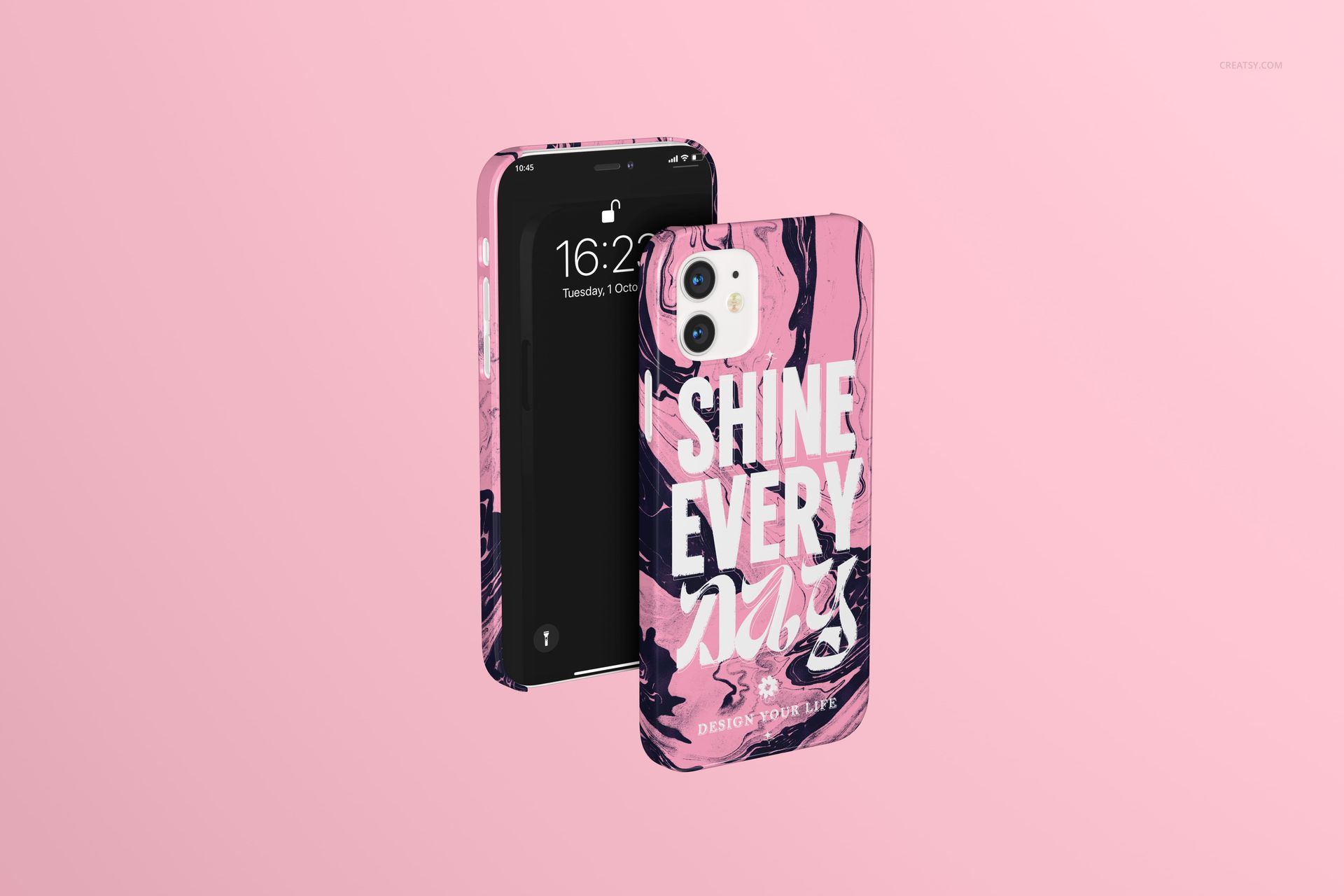 iPhone 12 glossy snap case mockup featuring a pink and black swirling design and large white lettering, angled display.