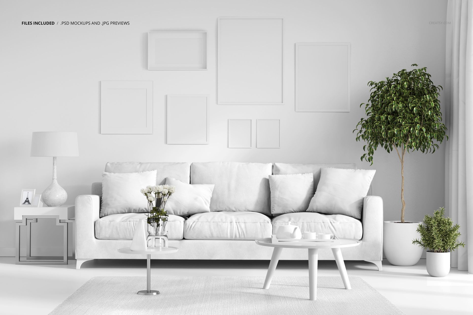 PSD mockup showing a stylish living room with a white couch, decorative pillows, wall frames, and a large indoor plant.