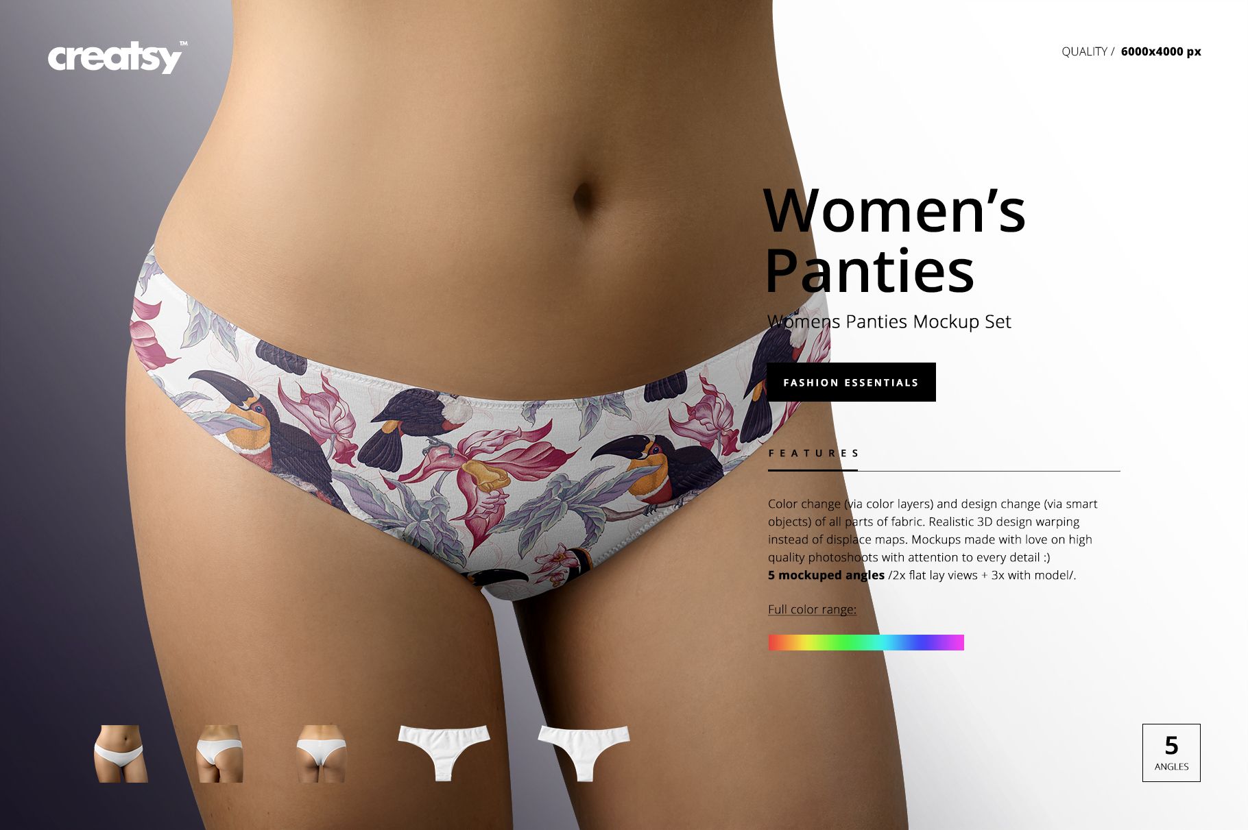 Front view of women's panties mockup featuring a floral pattern, displayed on a model with three color and design variants below.