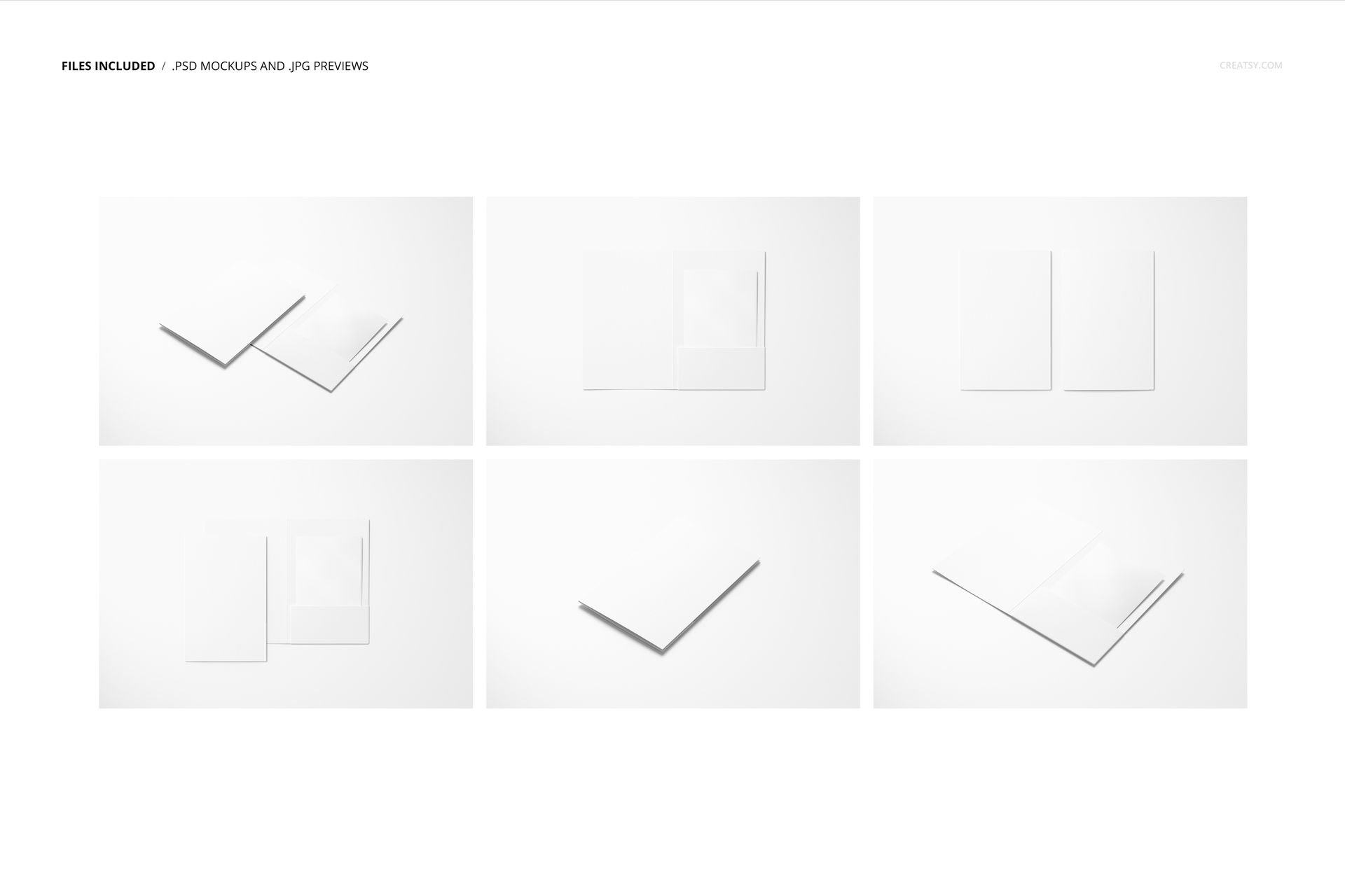 Receipt holder mockup set showing six arrangements of white paper holders on a light background, top view.