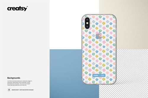 Clear iPhone XS case mockup with colorful geometric icons pattern, shown from the back on a multi-color background.