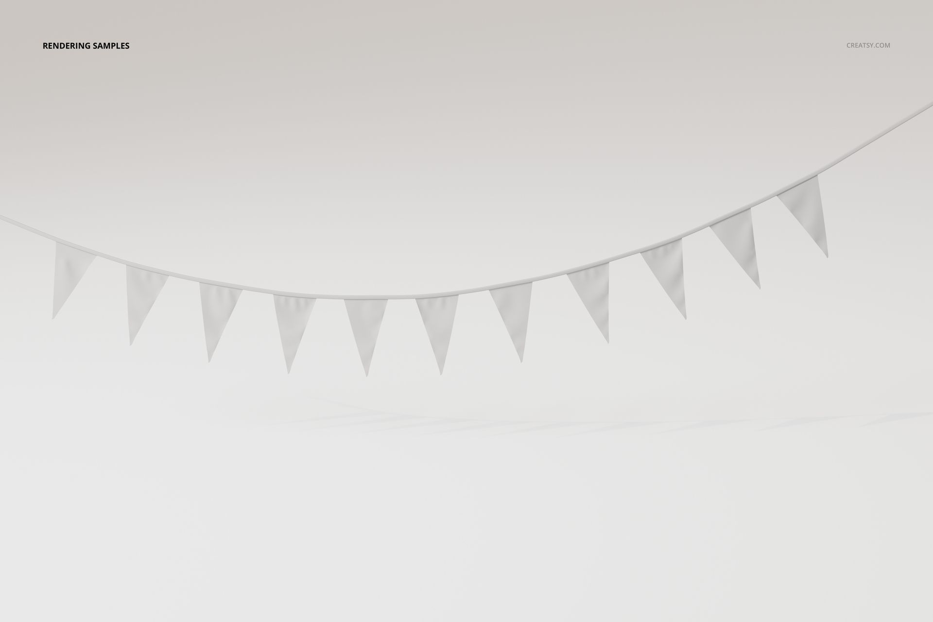 White triangular bunting party flags hanging on a string, displayed against a plain light background in front view.