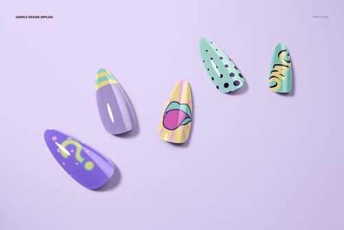 PSD mockup of nail tips with playful, multicolored artwork shown from a top-down perspective on a soft lilac backdrop.