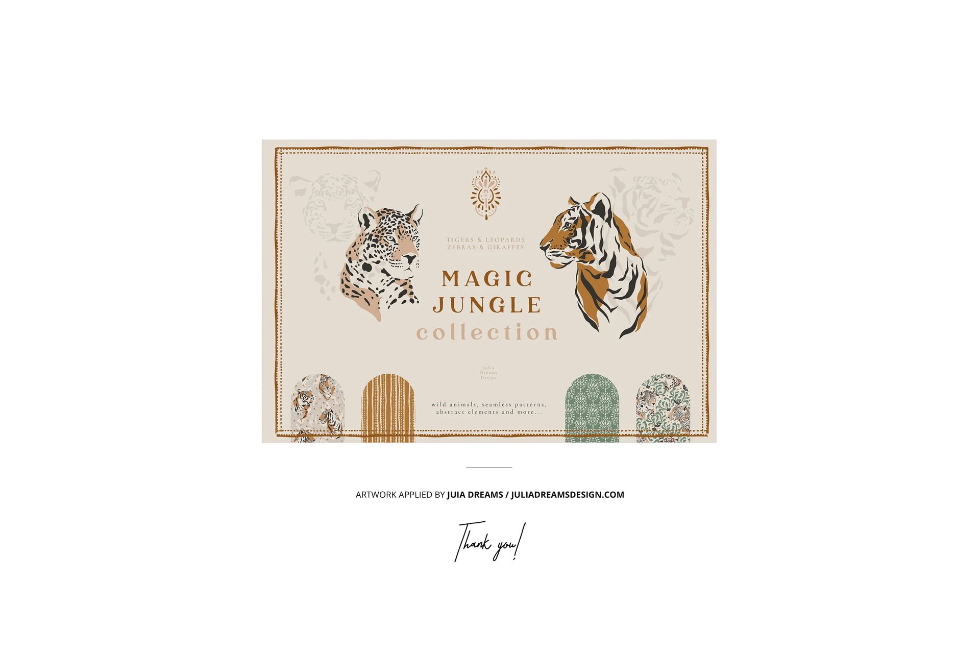 Cotton fabric mockup displayed with a ceramic bowl and olive branch, featuring jungle animal illustrations and earthy tones.