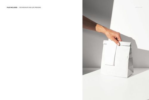Mockup of a white paper take-out bag with a receipt attached, shown on a plain surface with a hand holding the top.