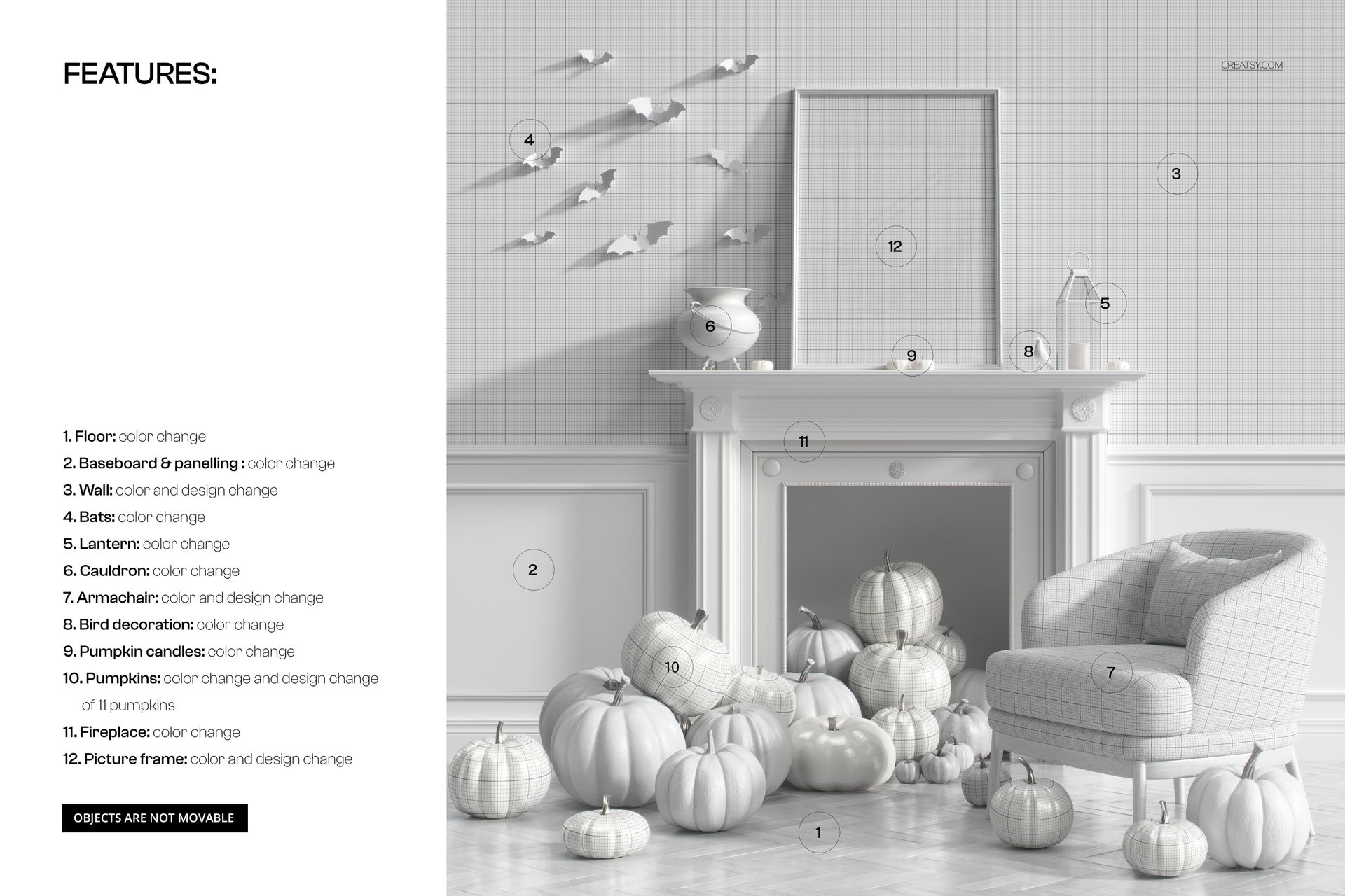 Front view of a Halloween themed interior mockup with a fireplace, armchair, pumpkins, and wall decor in neutral tones.