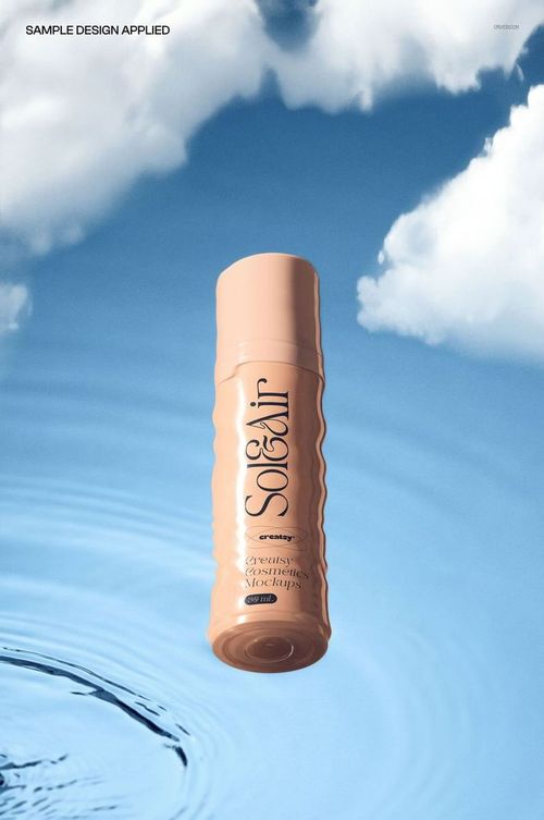 Pump cosmetic bottle mockup with beige color floating above blue water surface, front view with clouds in background.