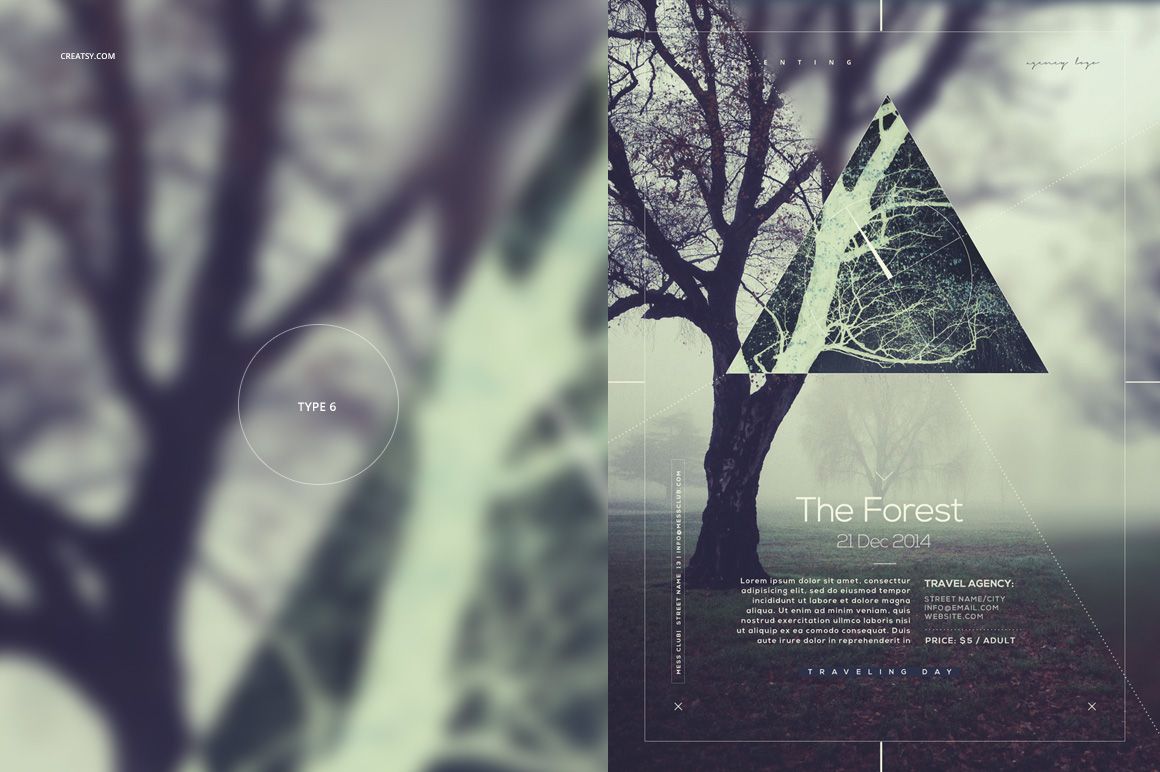 Front view of a nature-themed poster mockup featuring a misty forest scene with geometric overlay and text elements.