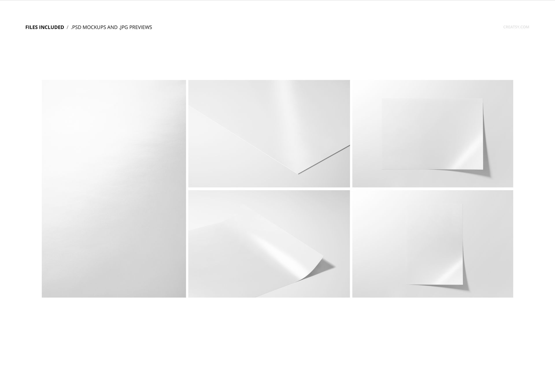 Set of five semi-gloss fine art print mockups in A3 size, shown from various angles on a white background.