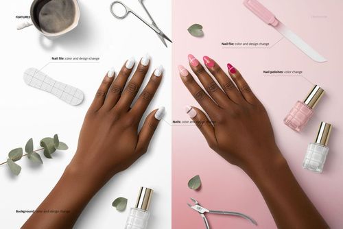 Mockup showing hands with painted nails on white and pink backgrounds, featuring nail polish bottles and beauty accessories.