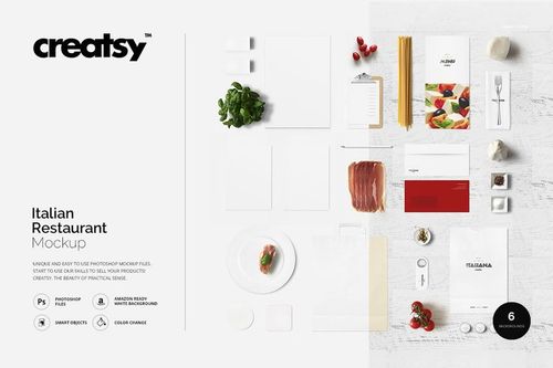 Italian restaurant stationery mockup with menus, envelopes, and business cards arranged on a white table with food props.