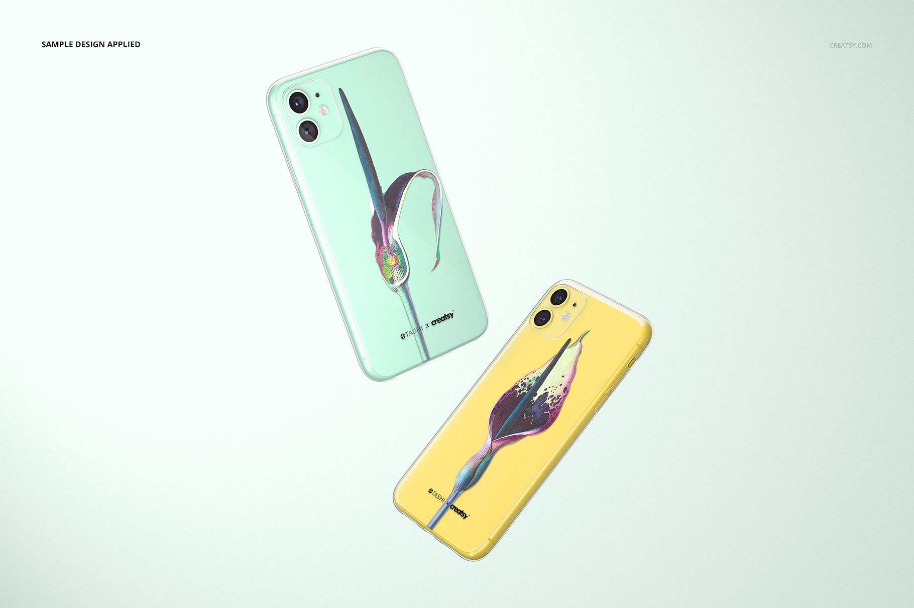 Two iPhone 11 devices in clear cases with floral artwork, shown floating against a light background in a mockup scene.