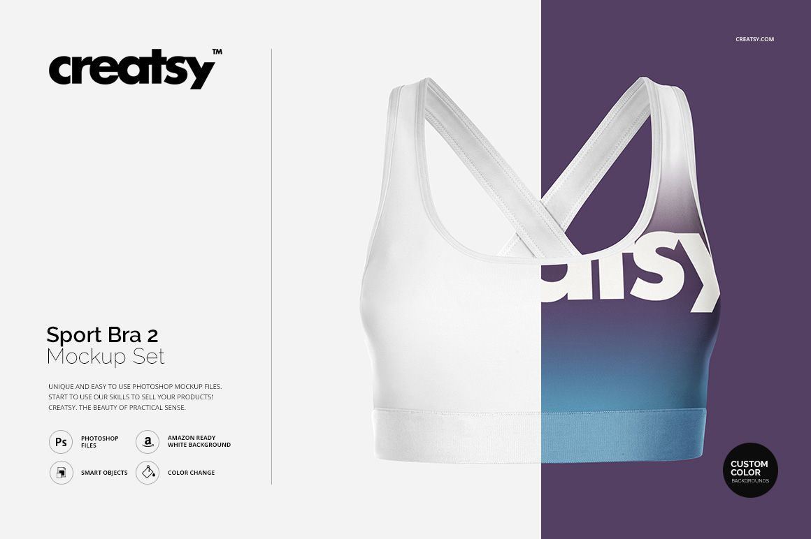 Front view of a sport bra mockup with a gradient design in blue and purple tones on a white background.